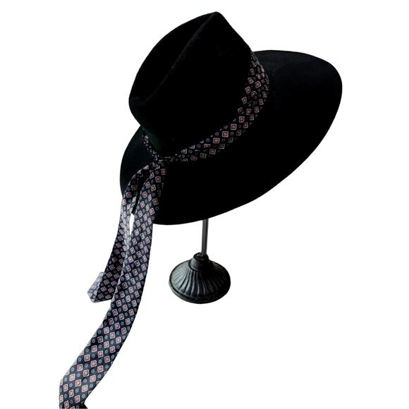 Zara Black Felt Hat with Printed Scarf Size Medium Boho Bohemian - Picture 8 of 10